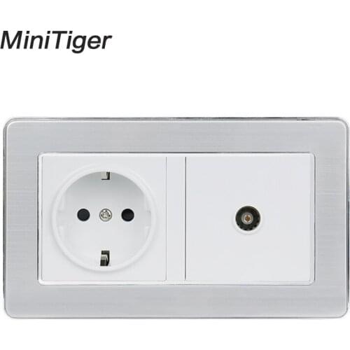 Minitiger 16A Russia Spain EU Standard Power Socket Grounded With Female TV Jack Stainless Steel Brushed Panel Wall Outlet