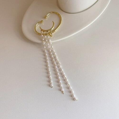 Origin Summer Hyperbole Long Tassel Pearl Clip earrings for Women Korean Fashion Gold Color Metal earrings Jewelry Accessories