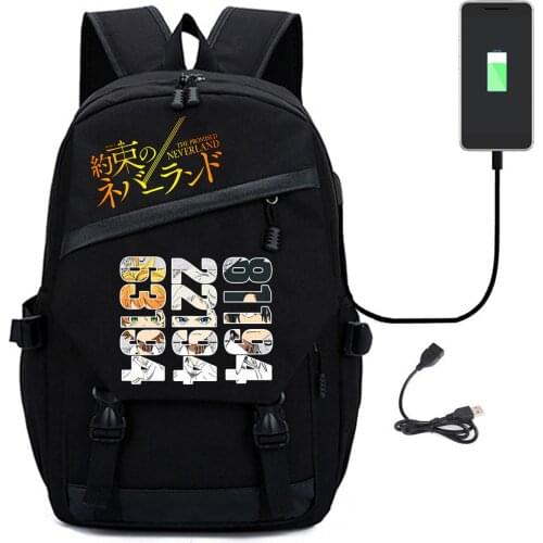 Backpack The Promised Neverland Leisure Canvas USB Anime Print Cosplay Black Fashion Unisex Laptop Shoulder TravelBags Schoolbag
