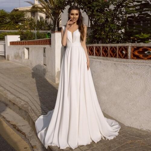 Bridal Dresses 2020 Modern Design Scoop Neck Sleeveless A-line Open Back Beach Wedding Gowns Tv25