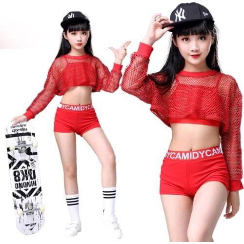 Children Red Jazz Dance Costumes Girls Glitter Fishnet Cover Top Stretch Shorts Dancing Sets Hip-Hop Modern Party Stage Outfits