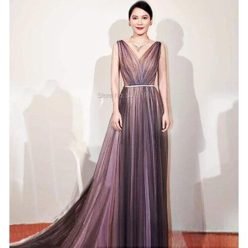 191 fashion purple-grey V-neck natural A-line floor-length 3 layers tulle evening dress/formal gowns free shipping
