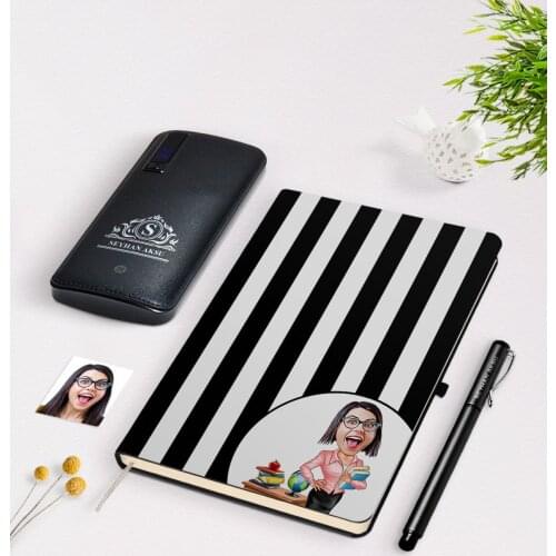 Personalized Women 'S Teacher Caricature Of Black Notebook pen 12.000 Mah Powerbank Gift Seti-5