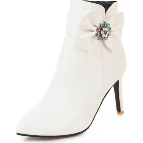 Big Size 9 10 11-17 boots women shoes ankle boots for women ladies boots Side zipper with bow diamond flower