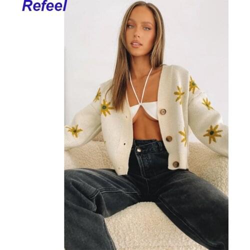 Preppy Style Flower Knit Cardigans Women Sweater V Neck Loose Elegaht Femme Print Short Casual Coat Spring Autumn Sweet Clothing