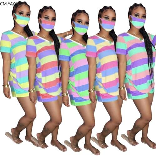 CM.YAYA Sport Women Striped 3 Piece Set V-neck Tee Tops Shorts Jogger Sweatpants Suit Tracksuit Matching Set Outfit