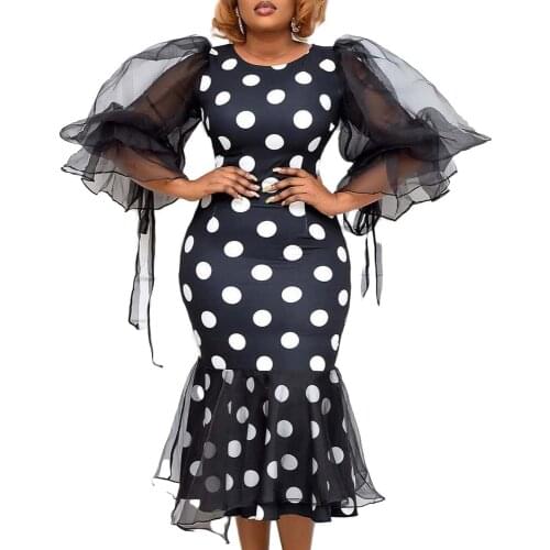 Polka Dot Print Woman Dress 2021 Spring Vintage Mesh Patchwork Party Dress Casual Plus Size Slim Bodycon Mermaid Dresses African