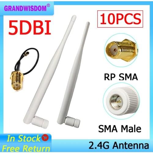 10pcs 2.4G antenna Wifi 5dbi SMA male white 2.4 ghz antena Omni-Directional Router Antenna +21cm RP-SMA Male Pigtail Cable