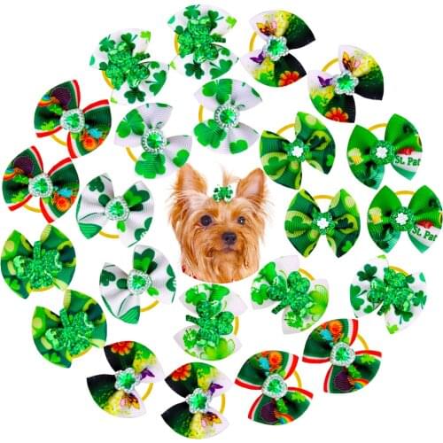 20pc Dog Bows ST Patricks Pets Dogs Hair Bows Green Dog Cat Hair Accessories Diamond Small Dog Hiar Bow Grooming Accessories