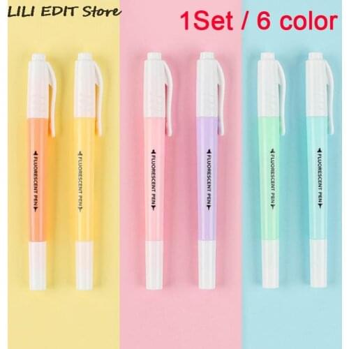 6pcs/set Candy Color Highlighter Pen Marker Brush Pens Fluorescent Pen Drawing Highlighters Double-headed Using Pens
