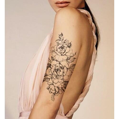 Black Peony Rose Flower Women Girl Arm Tattoos Stickers Fake Waterproof Butterfly Stamen Leaves Tattoo Temporary Body Art Tatoos