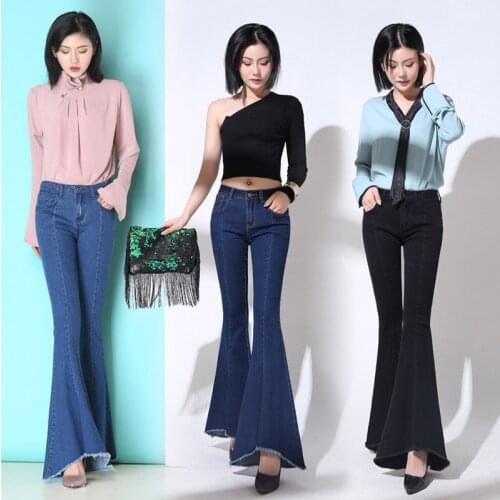 Elegant Women High Waist Denim Jeans Solid Slim Flare Pants Ladies Skinny Full Length Jean Blue Black