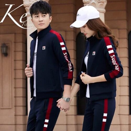 KE 2021 unisex red striped 3 pieces t-shirt and tracksuit sport set man large size plus sportswear woman sport suit men