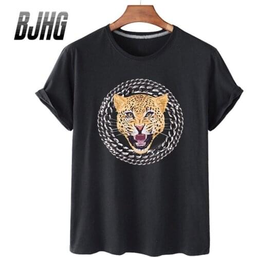 100% Cotton Iron Chain Leopard Head Print Short-sleeved T-shirt Female Half-sleeved Summer Casual Oversized T-shirt Ladies Shirt
