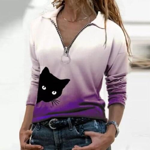 Elegant Casual Long Sleeve Cat Print T Shirt Women Autumn Sexy V Neck Pullover Tops Ladies Plus Size Women Shirts