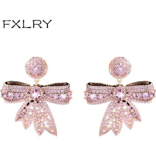 FXLRY Luxury Cubic Zirconia Fashion Pink CZ Knot Drop Earring For Women Jewelry