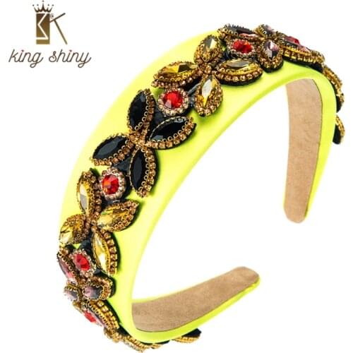 King Shiny Vintage Baroque Color Crystal Flower Headband Luxury Sparkly Rhinestone Beaded Hairband Bridal Wedding Hair Accessory