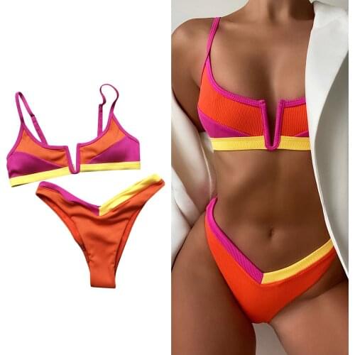Color Block Ribbed Two Piece Swimwear Women 2Pcs Bathing Suits Adults Spaghetti Strap Padded Bikini Tops Swimming Bottoms Suits