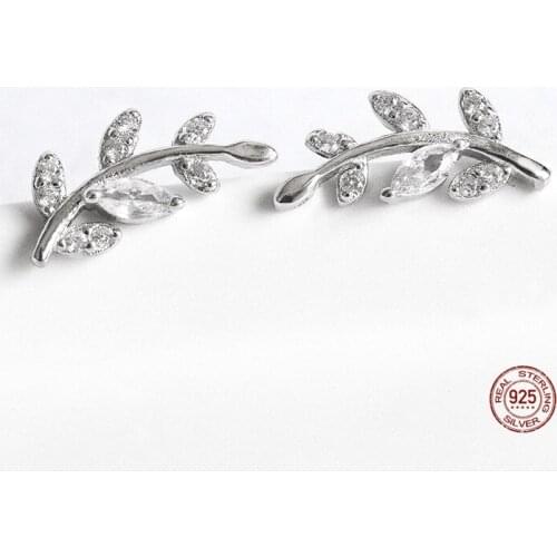LKO New Fashion Tree Leaf Stud Earring 925 Sterling Silver Earrings For Women Piercing With Zircon Crystal Earrings Girls Gifts