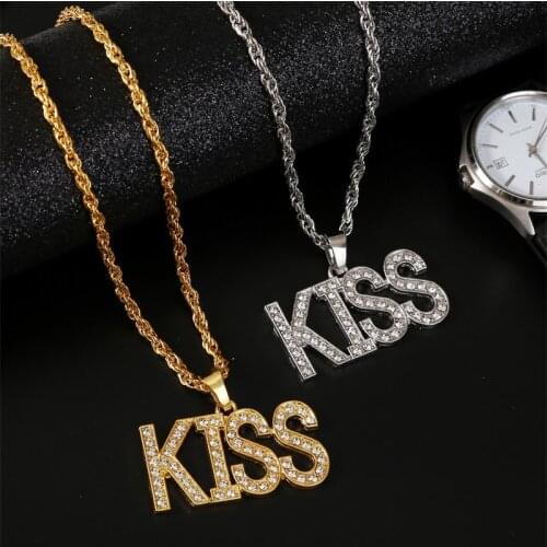 Trendy Rhinestone Kiss Letter Necklaces & Pendants Women Men Hip Hop Jewelry 2020 Fashion Gold Silver Color Chain Necklace Gift