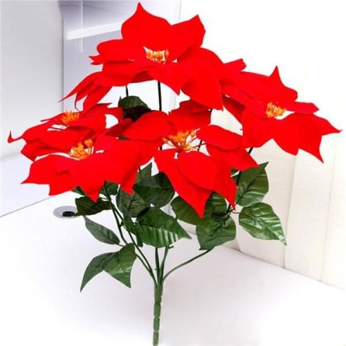 7 heads Real Touch Flannel Artificial Christmas Flowers Red Poinsettia Bushes Bouquets Xmas Tree Ornaments Centerpiece