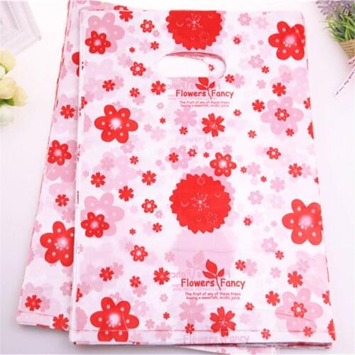 New Design Wholesale 100pcs/lot 25*35cm Luxury Red Fancy Flower Wedding Gift Package Bags Large Plastic Christmas Packaging Bag
