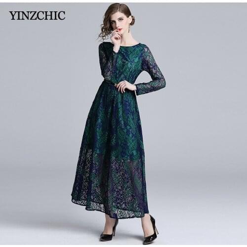 Slim Womans Green Lace Dresses O-neck Female A-line Party Long Dress Full Sleeve Ladies Spring New Dress Hollow-out Laces Dress