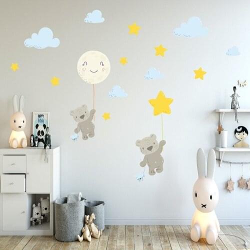 Practical Flying Bear Wall Stickers Watercolor Nursery Wall Decals DIY Cartoon Animal Neutral Wall Decoration for Kids Room