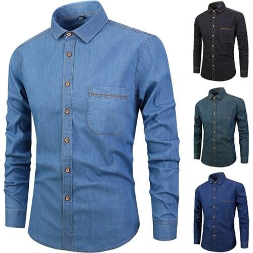 Stylish Men Denim Shirt Classic Blue Long-Sleeved Shirt Cotton Casual Shirts 2019 Spring Brand Clothes Men Jeans Shirt KK3101