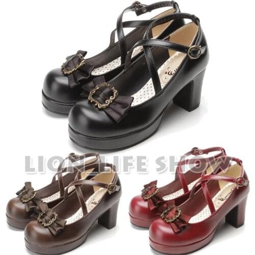 Japanese Retro Gothic High Heel PU Lolita Shoes Cosplay Costume Shoes Bowtie Pump