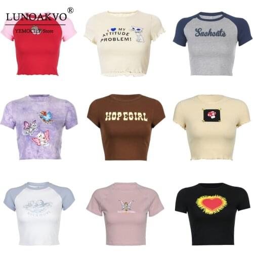 2000s Streetwear O-neck Short Sleeve T-shirts Y2K Fashion Letter Print Cute Baby Tees Summer E-girl White Crop Tops Slim