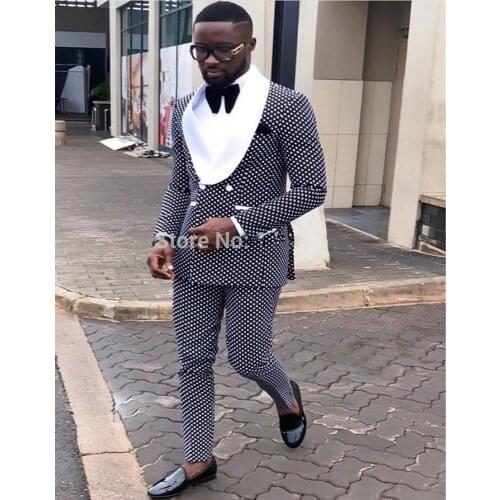 High Quality Double Breasted Blue Polka Dot Groom Tuxedos Shawl Lapel Groomsmen Mens Suits Blazers (Jacket+Pants+Tie) W:698
