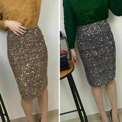 Spring Sexy Women Solid Color Elastic High Waist Sequins Patchwork Bodycon Mini SkirtSequined Patchwork Shinny Pencil Mini Skirt