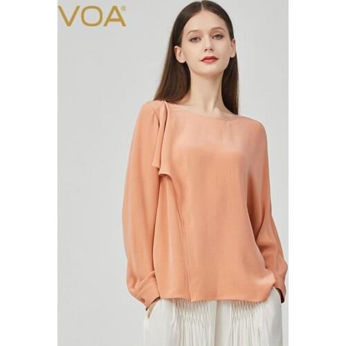 VOA Autumn New Product Silk 30m/m Heavy Orange Round Neck Asymmetrical Design Distressed Craftsmanship T-shirt Female BE812