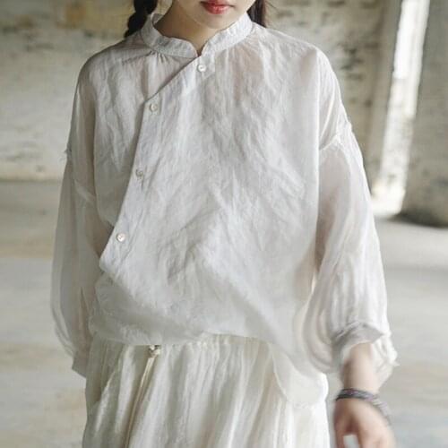 QPFJQD Ladies Long Sleeve Chinese Style Blouses 2021 Summer Autumn Retro Female White Ramie Shirts And Tops Stand Collar