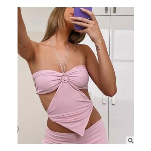 Women Sexy Sleeveless Backless Halter Cami Tops Solid Color Ring Front Ruched Camisole Short Tunic Blouse