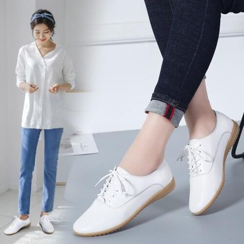2021 New autumn Women Flats Shoes Women Genuine Leather Shoes Woman Loafers Lace-up Ballet Flats Ballerines Flats White Shoes