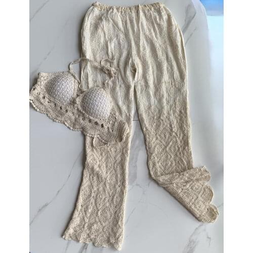 Hook Flower Hollow Crochet Sets Women Sleeveless Super-short Camis Pants Sets Women Beach Seaside Padded Sets