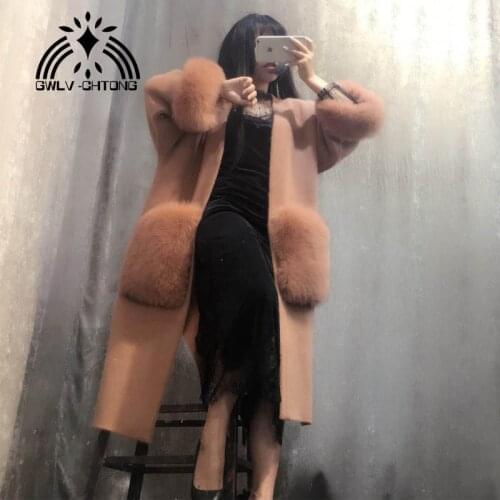 NEW women knitted mink cashmere sweater with big fox fur pocket ladies/girl fashion coat jacket cardigans 110 length