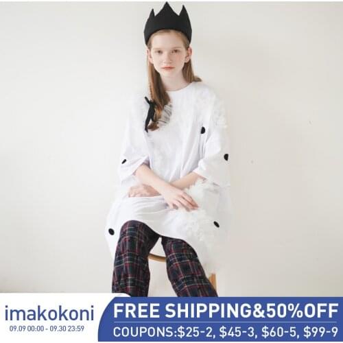 Imakokoni original design loose large size womens middle sleeve wave point white long t-shirt dress 192676