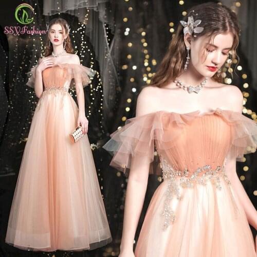 SSYFashion New Romantic Peach Color Evening Dress Sweet Boat Neck A-line Floor-length Prom Formal Party Gowns for Women