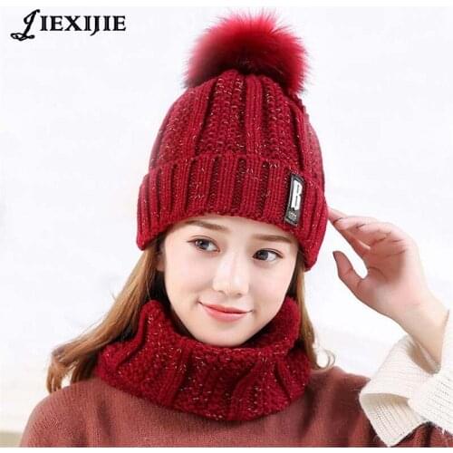 Winter Hats Skullies Beanies Hat Plus velvet thickened letter B For Women Wool Scarf Caps Balaclava Mask Gorras Knitted Hat
