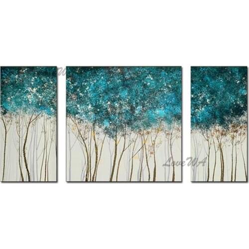 3 Panel Canvas Wall Art Piece Hand-painted Unframed Quality Blue Tree Oil Painting Decoration Artwork For Home Living Room