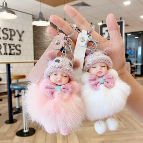 Cute Mini Sleeping Baby Doll Key Chains For Women Bag Toy Key Ring Fluffy Pom pom Fur Plush Keychains