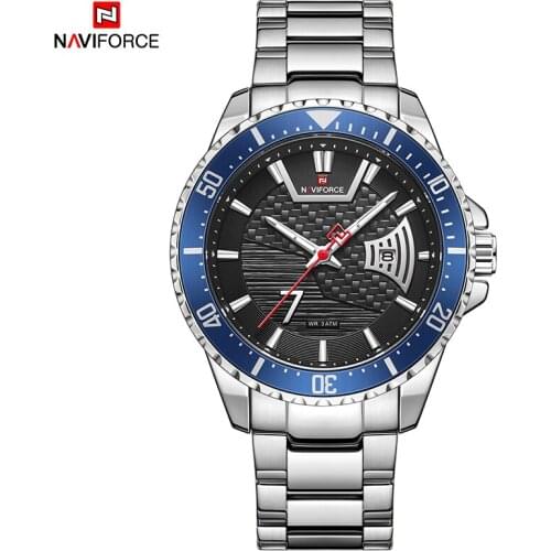 NAVIFORCE Men Watch Fashion Leisure Sports Watches Complete Calendar Waterproof Stainless Steel Wristband Pointer Luminous Clock