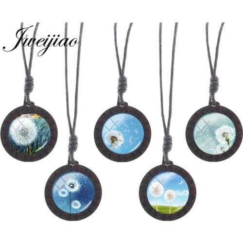JWEIJIAO Beautiful Natural Dandelion Glass Dome Fashion Necklace Round Shaped Wooden Pendant Jewelry For Women Accessories DA01