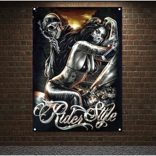 Skeleton Rider Posters Wall Hanging Heavy Motorcycle Tattoo Banner Flag Tapestry Nice Girls Sexy Nude Art Painting Wall Decor