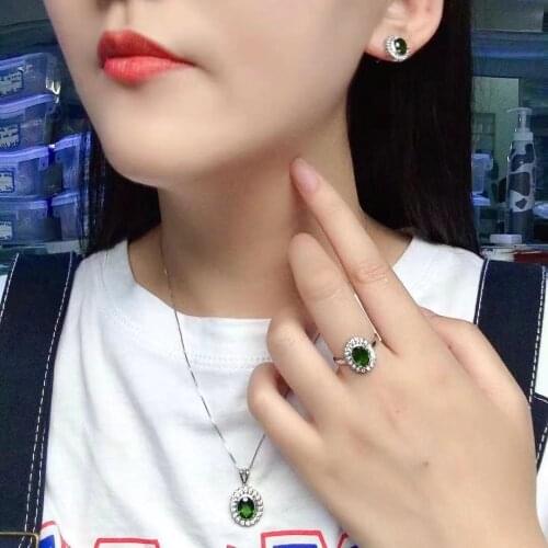 Classic Silver Gemstone Jewelry Set for Wedding 100% Natural Diopside Jewelry Set 925 Silver Diopside Ring Earrings Pendant