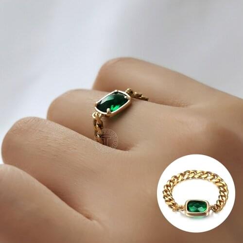 Fashion Green Stone Rings For Women Gold Color Cuban Curb Link Chain Stainless Steel Rings Elegant Jewelry Wholesale LKR183