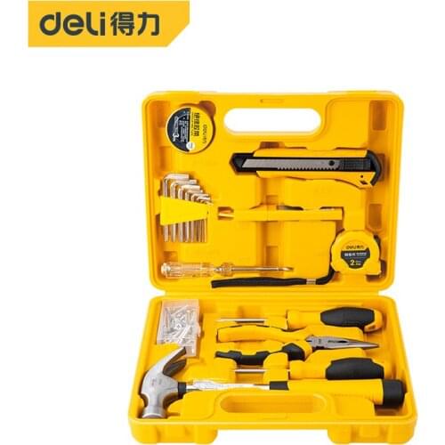 Deli Household Tool Set Kitchen Car Mechanic Tool Kit Pliers Screwdrivers Hammer Knife Tape Measure Parts Box Repairing Tools